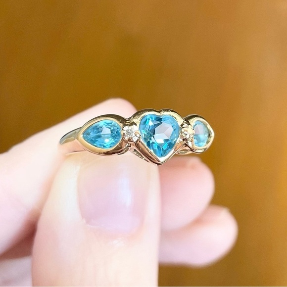 14K Swiss Blue Topaz Diamond Heart Marquis triplet solid yellow gold ring - Picture 6 of 10